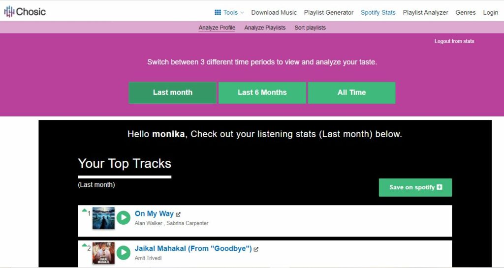 Chosic for Spotify stats