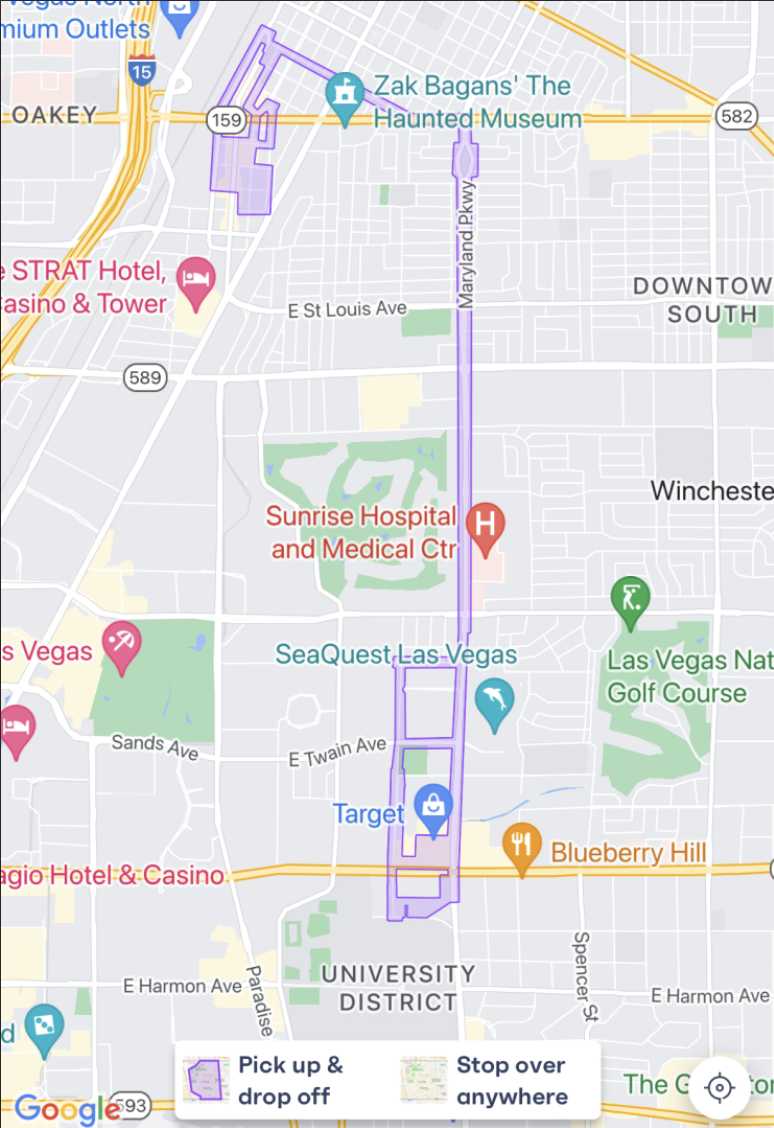 Map showing the route that Vay's remotely-driven cars will take in Las Vegas